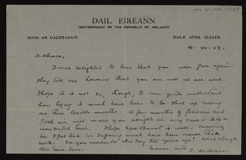 Letter from Éamon de Valera to Lily O'Brennan concerning her health,