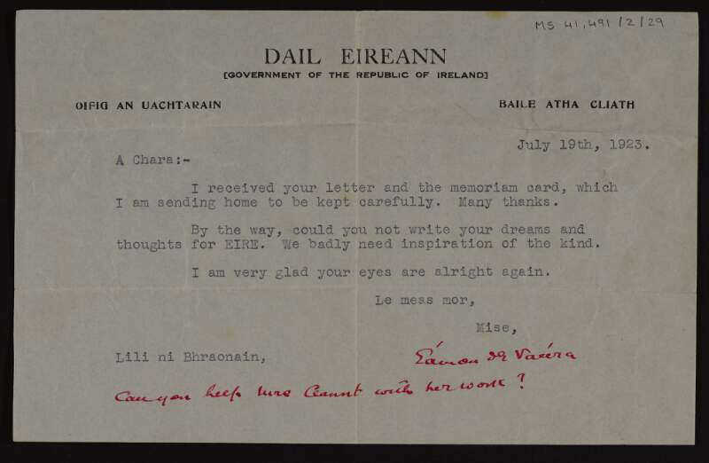 Letter from Éamon de Valera to Lily O'Brennan asking to her write an article,