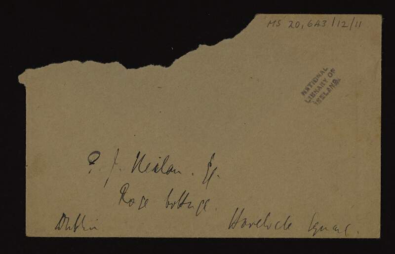 Brown envelope which has an address written in Thomas MacDonagh's handwriting,