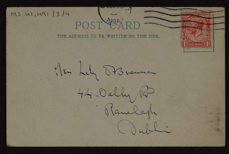 Postcard from Dorothy Macardle to Lily O'Brennan wishing her a happy Christmas and New Year,
