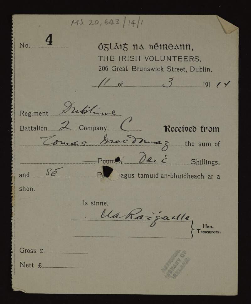Receipt of payment made by Thomas MacDonagh to Battalion 2 Company C Dublin Regiment of the Irish Volunteers,