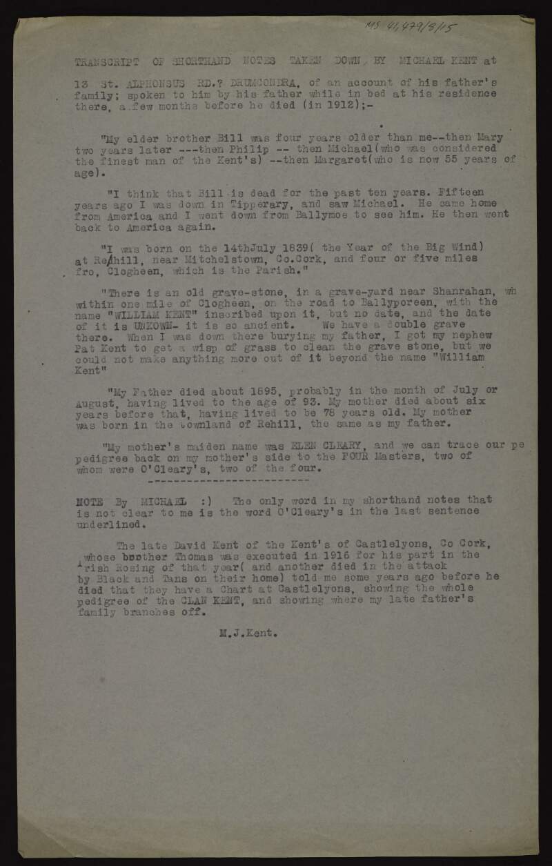 Notes taken by Michael Kent from his father James Kent regarding his family history,