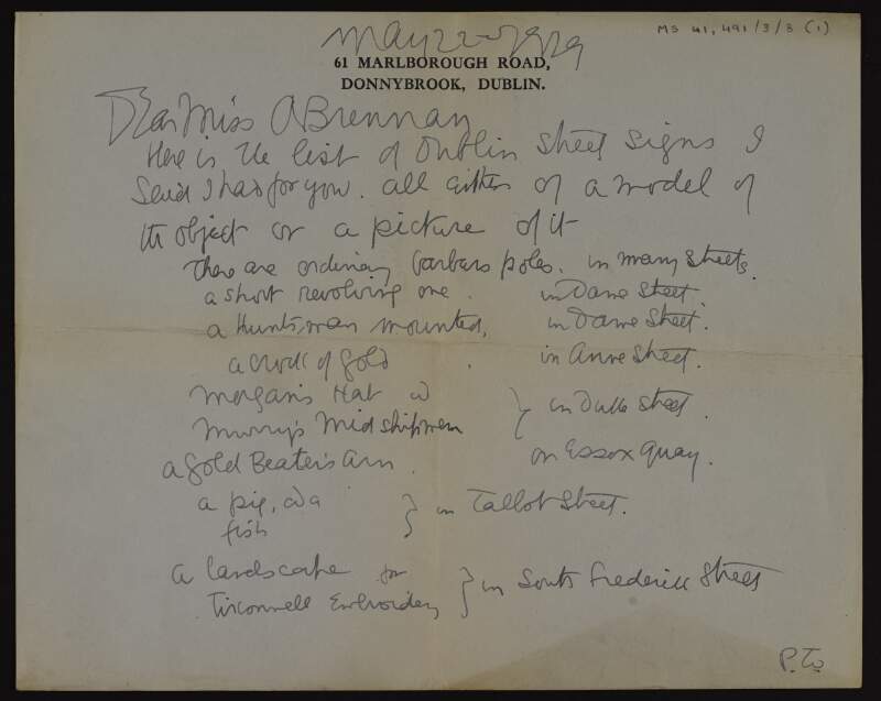 Letter from Jack B. Yeats to Lily O'Brennan listing illustrative Dublin street signs,