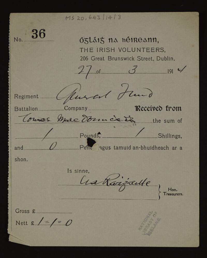 Receipt of payment made by Thomas MacDonagh to the Irish Volunteers,