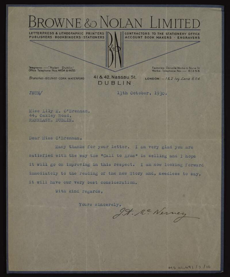 Letter from J.A. McNerney of Browne & Nolan to Lily O'Brennan concerning her new story ['In Arms'],