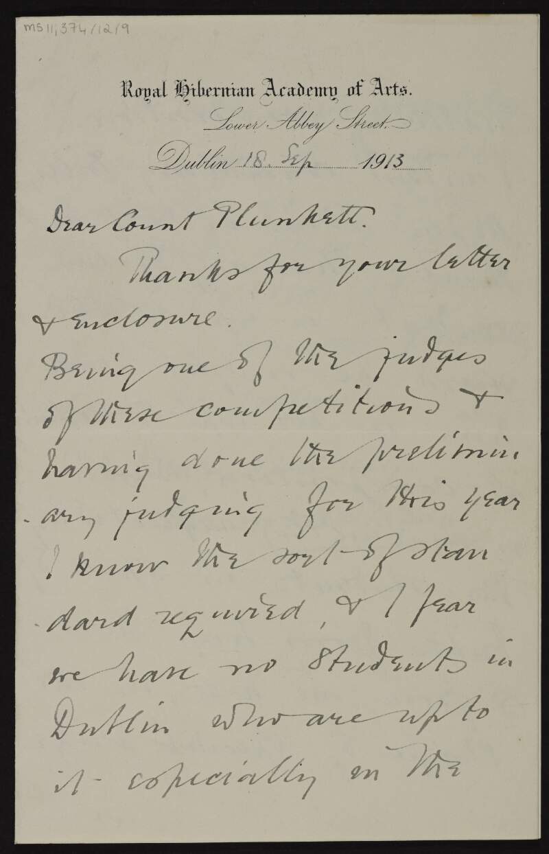Letter from Dermod O'Brien to George Noble Plunkett, Count Plunkett, expressing his fear that there are no students in Dublin who are capable of winning the art competition,