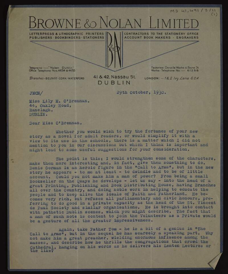 Letter from J.A. McNerney of Browne & Nolan to Lily O'Brennan suggesting changes for her new story ['In Arms'],