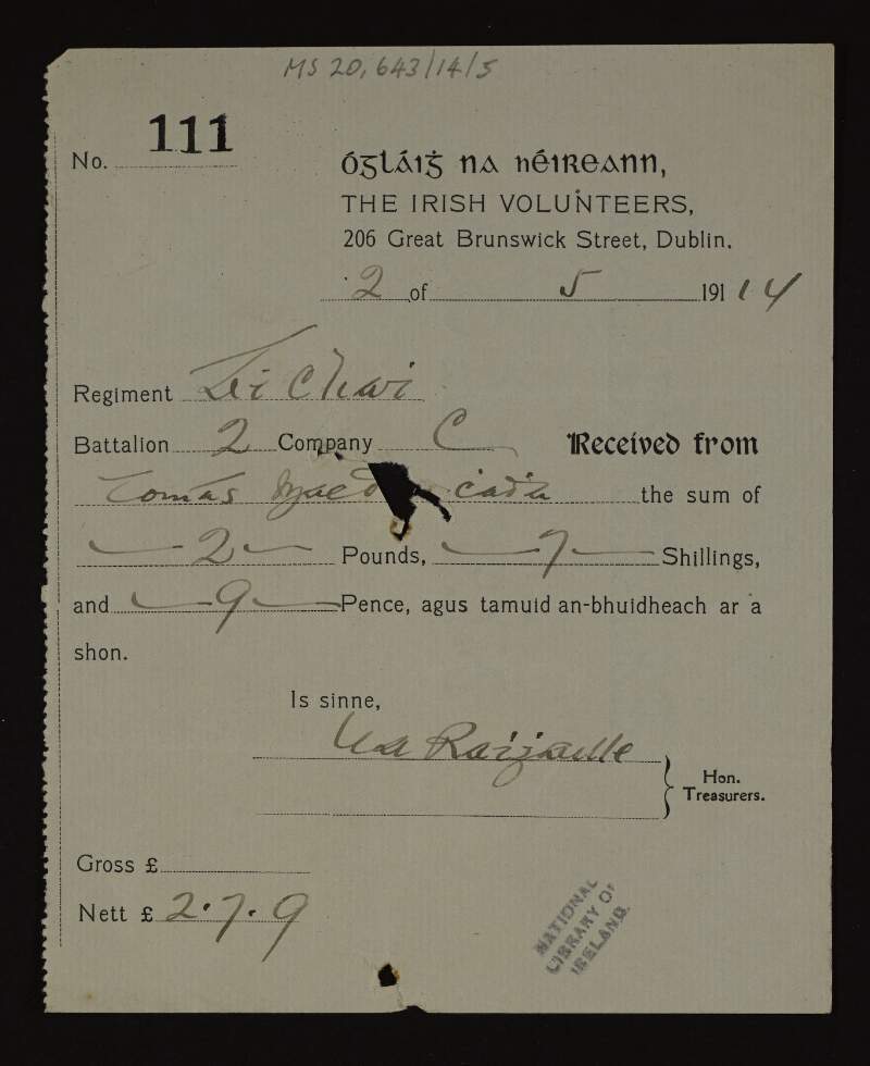 Receipt of payment made by Thomas MacDonagh to Batalion 2 Company C,