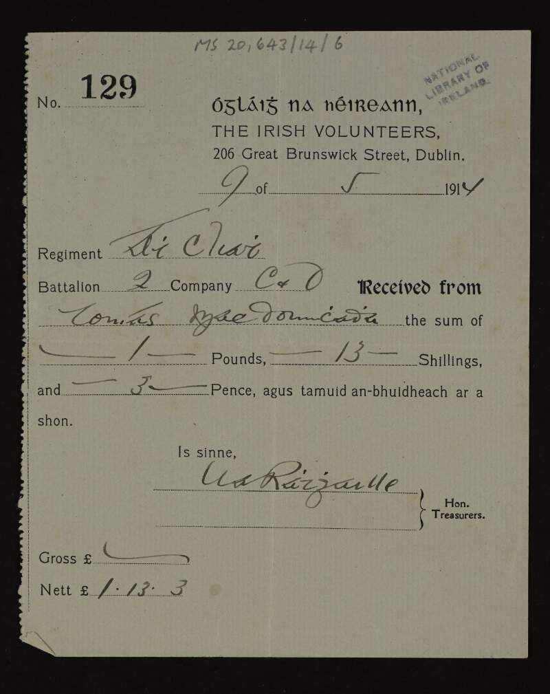 Receipt of payment made by Thomas MacDonagh to Battalion 2 Company C and D of the Irish Volunteers,