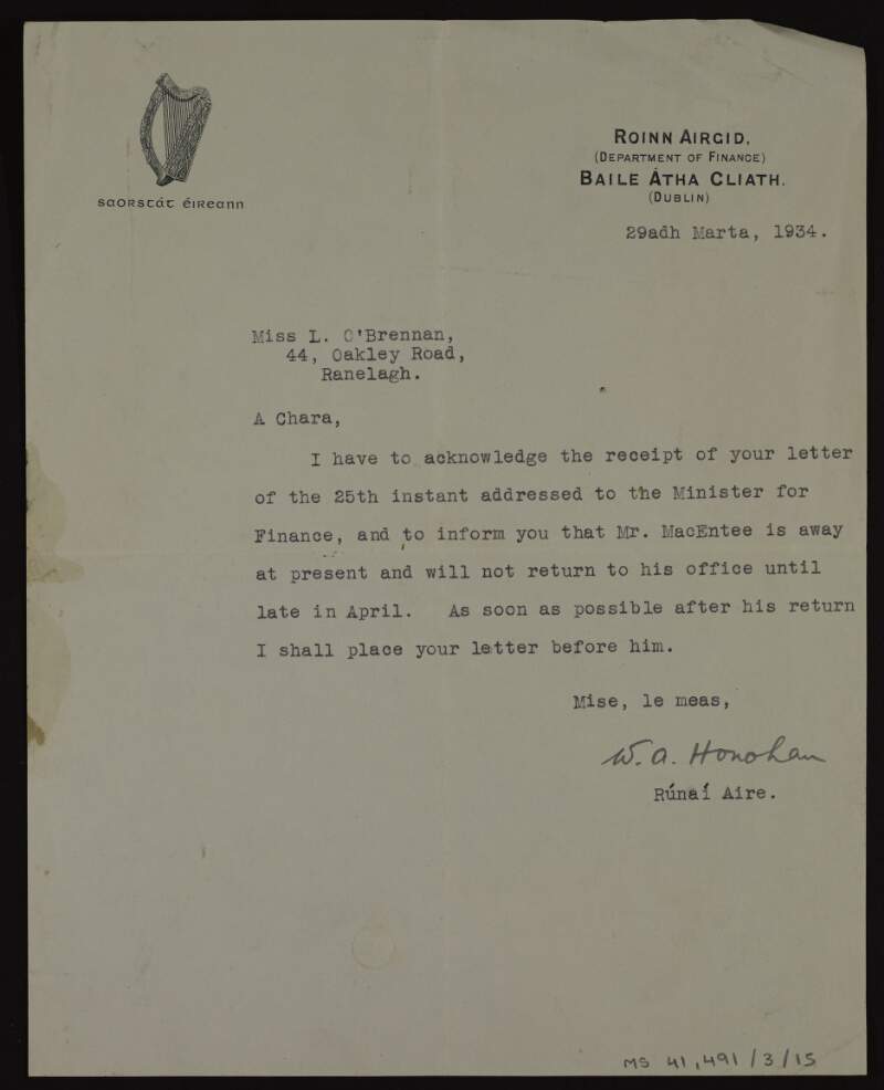 Letter from W.A. Honohan, Secretary of the Department of Finance, to Lily O'Brennan acknowledging receipt of her letter,