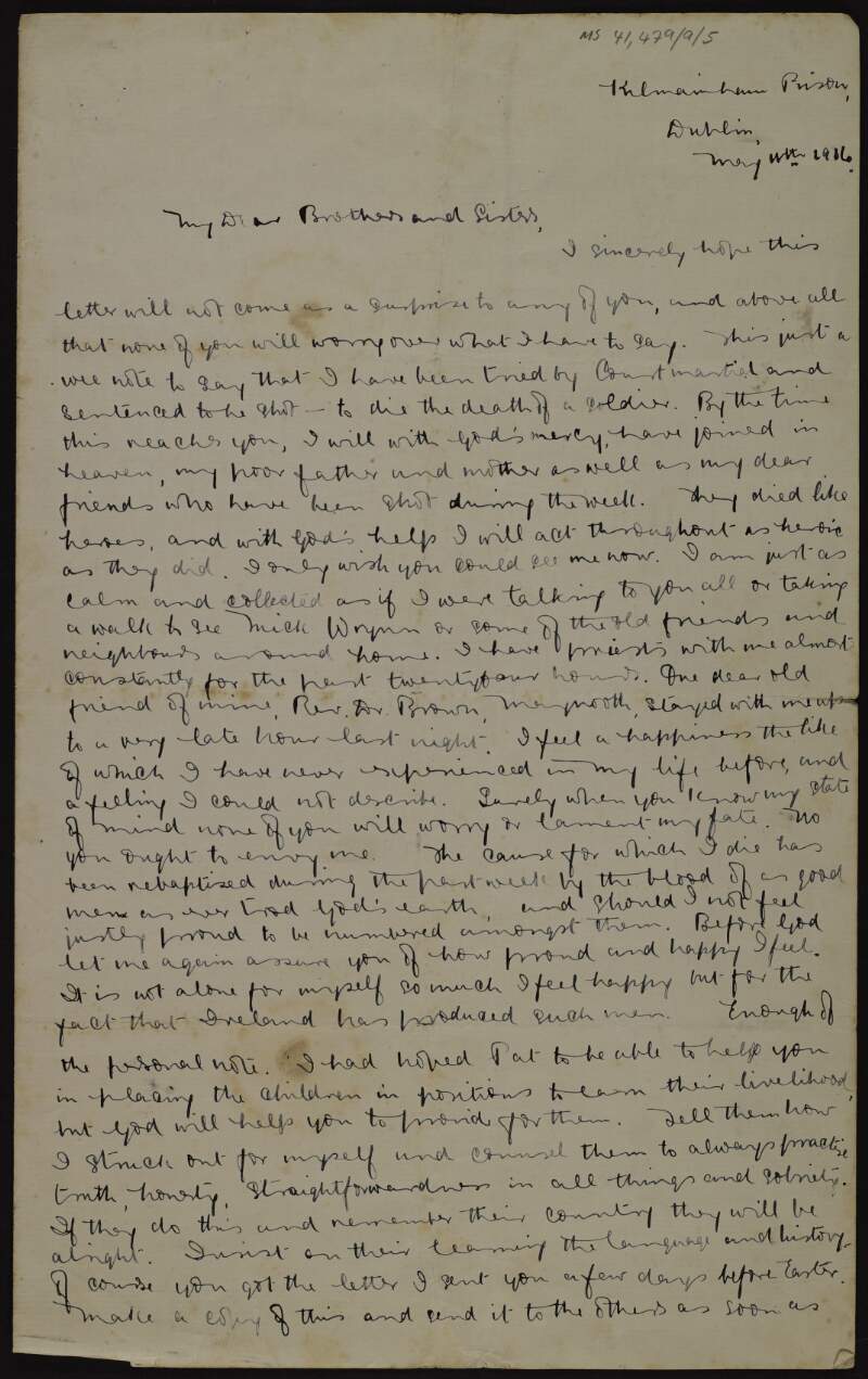 Manuscript copy of letter from Seán MacDiarmada to his brothers and sisters on the eve of his execution in Kilmainham Prison,