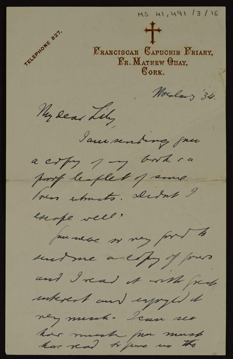 Letter from Father Augustine to Lily O'Brennan concerning their books,