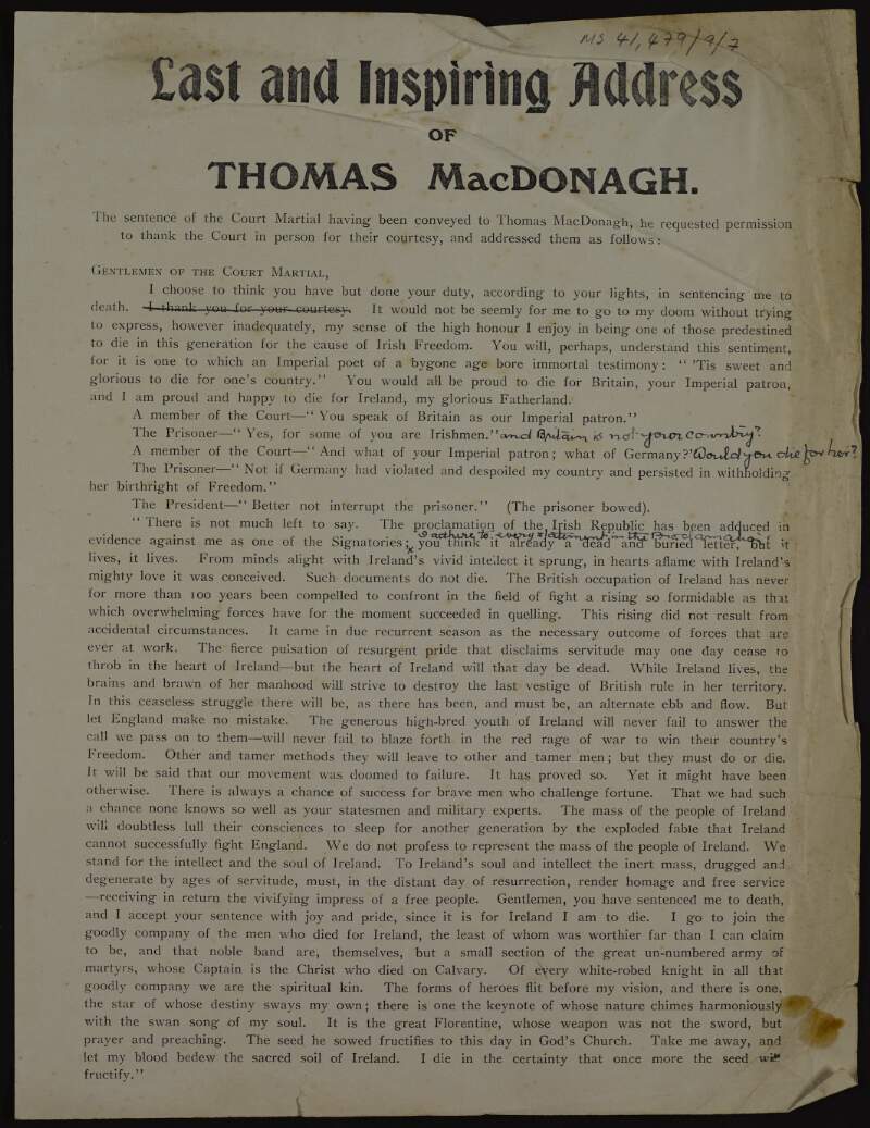 Statement entitled 'Last and inspiring address of Thomas MacDonagh',