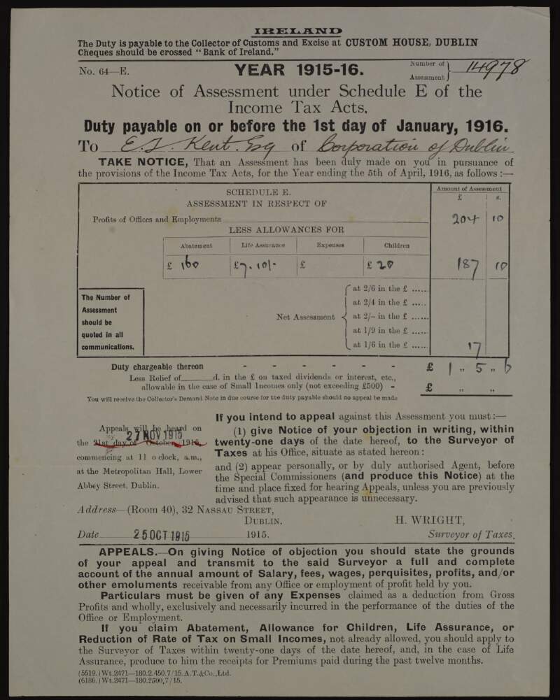Notice to Éamonn Ceannt from H. Wright, Surveyor of Taxes, detailing the duty payable following an income tax assessment for the year 1915-1916,