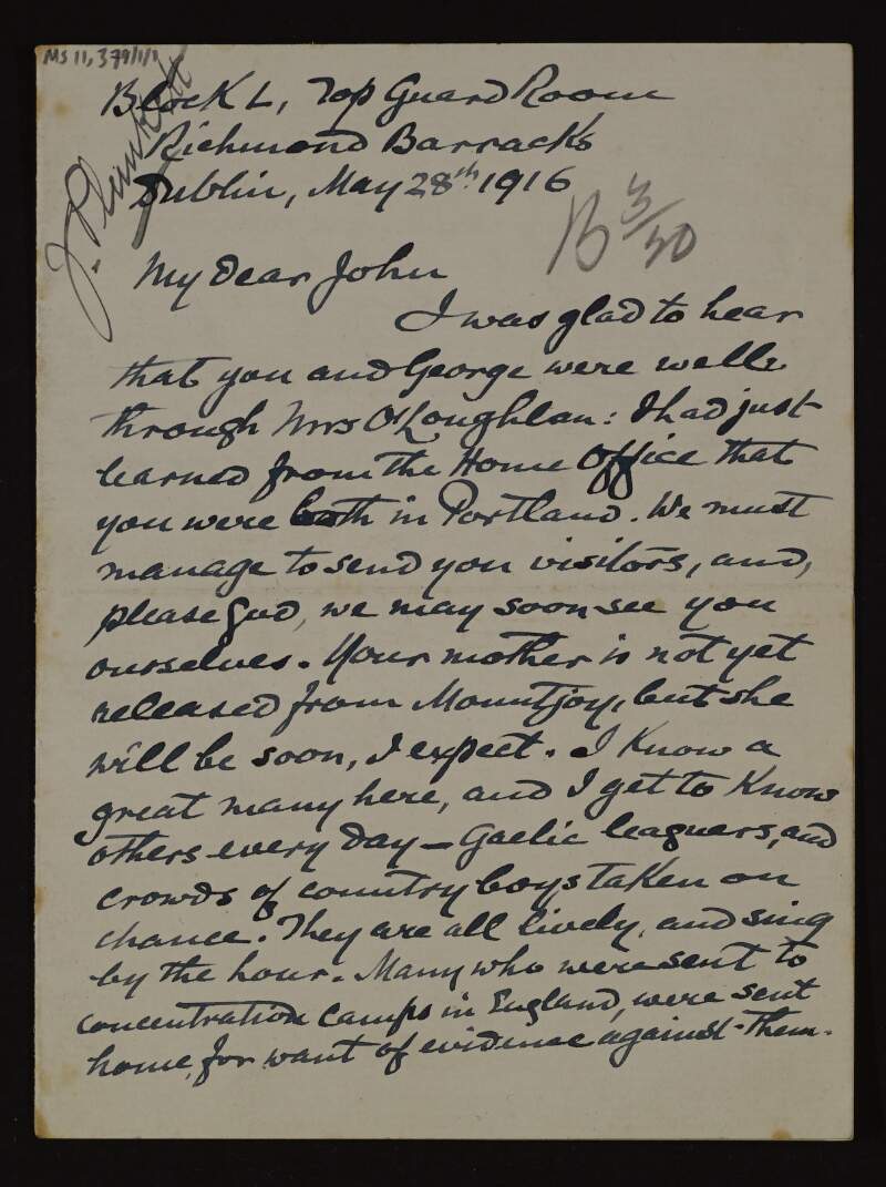 Lettercard from George Noble Plunkett, Count Plunkett, to John "Jack" Plunkett, from Richmond Barracks, describing prison life, with several poems commemorating the Easter Rising,
