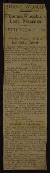 Newspaper cutting reproducing a letter from Thomas Wheelan [Whelan] to his mother on the eve of his execution,