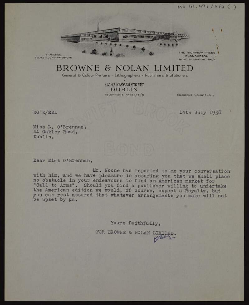 Letter from D. O'Kelly of Brown & Nolan Ltd. to Lily O'Brennan concerning an American publication of her book 'A Call to Arms',