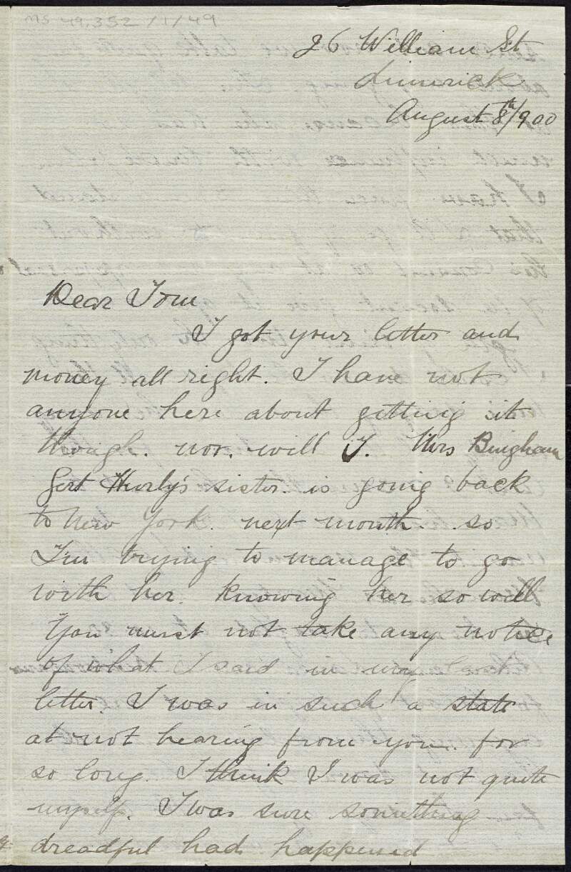 Letter from Kathleen Daly to Tom Clarke regarding her hopes of going to America soon,