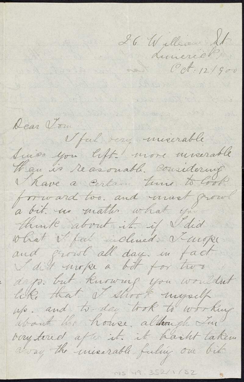 Letter from Kathleen Daly to Tom Clarke regarding her disappointment at not being allowed to go with him to America,