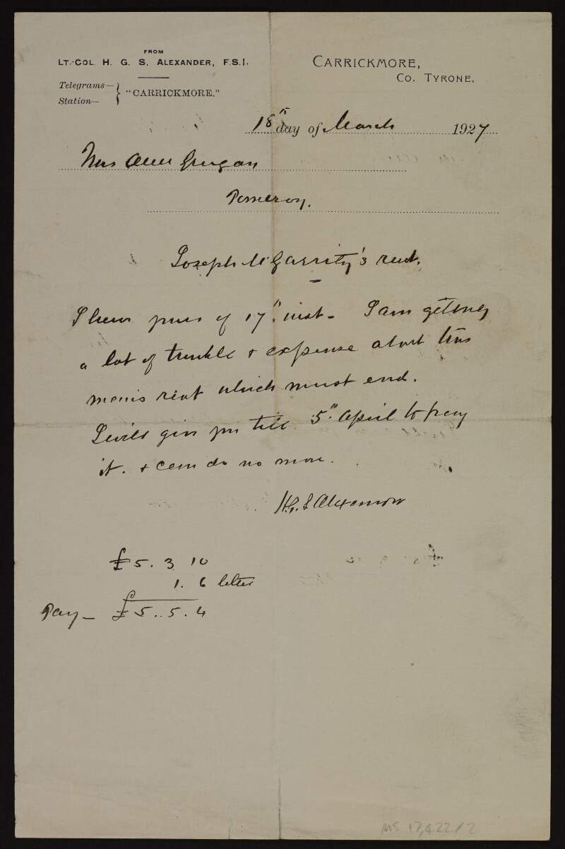 Letter from Lieutenant-Colonel Henry George Samuel Alexander to Mrs Ann Grogan [the caretaker and renter of the grass of the farm] regarding Joseph McGarrity's unpaid rent,