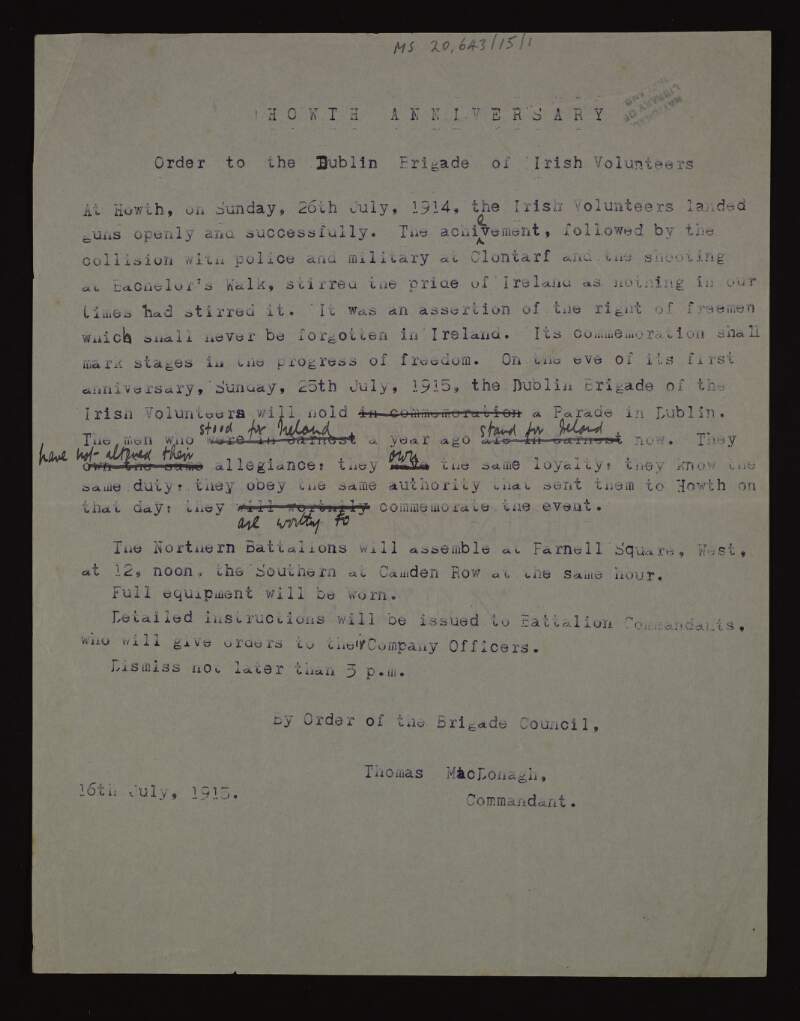 Order to the Dublin Brigade of Irish Volunteers regarding Howth Anniversary,