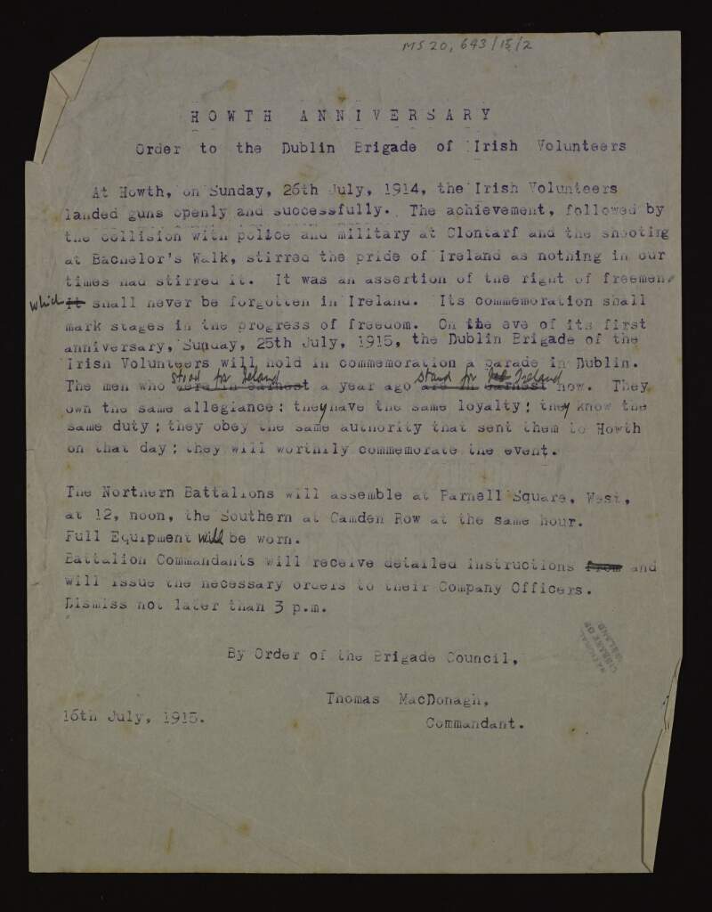 Copy of notice of order to the Dublin Brigade with alterations,