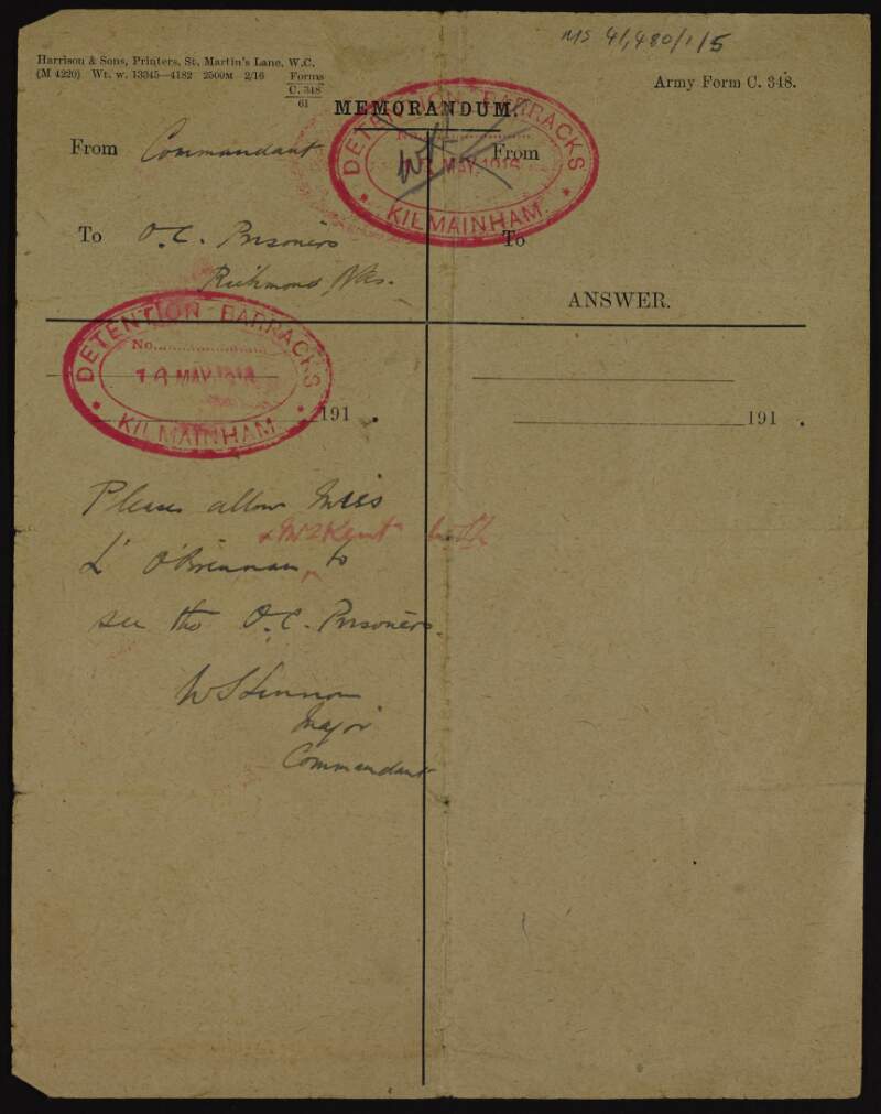 Memorandum signed by Major Commandant W. S. Lennon to the officer commanding at Richmond Barracks asking him to allow Lily O'Brennan and Mrs. Kent [Áine Ceannt] to see him,