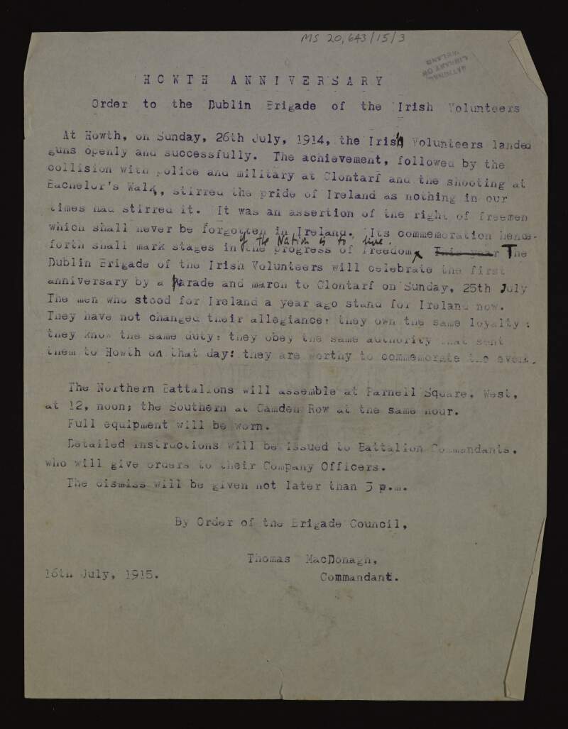 Copy of notice of order to the Dublin Brigade of the Irish Volunteers regarding the Howth Anniversary with further alterations,