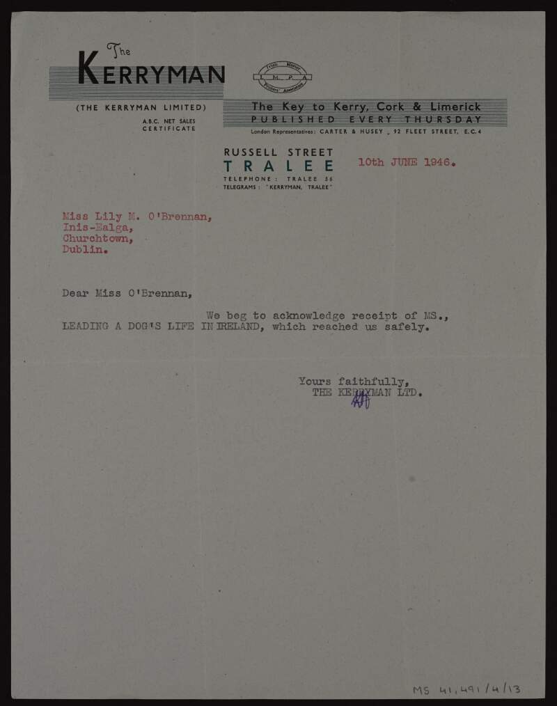 Memorandum from 'The Kerryman' to Lily O'Brennan acknowledging receipt of her manuscript 'Leading a dog's life in Ireland',