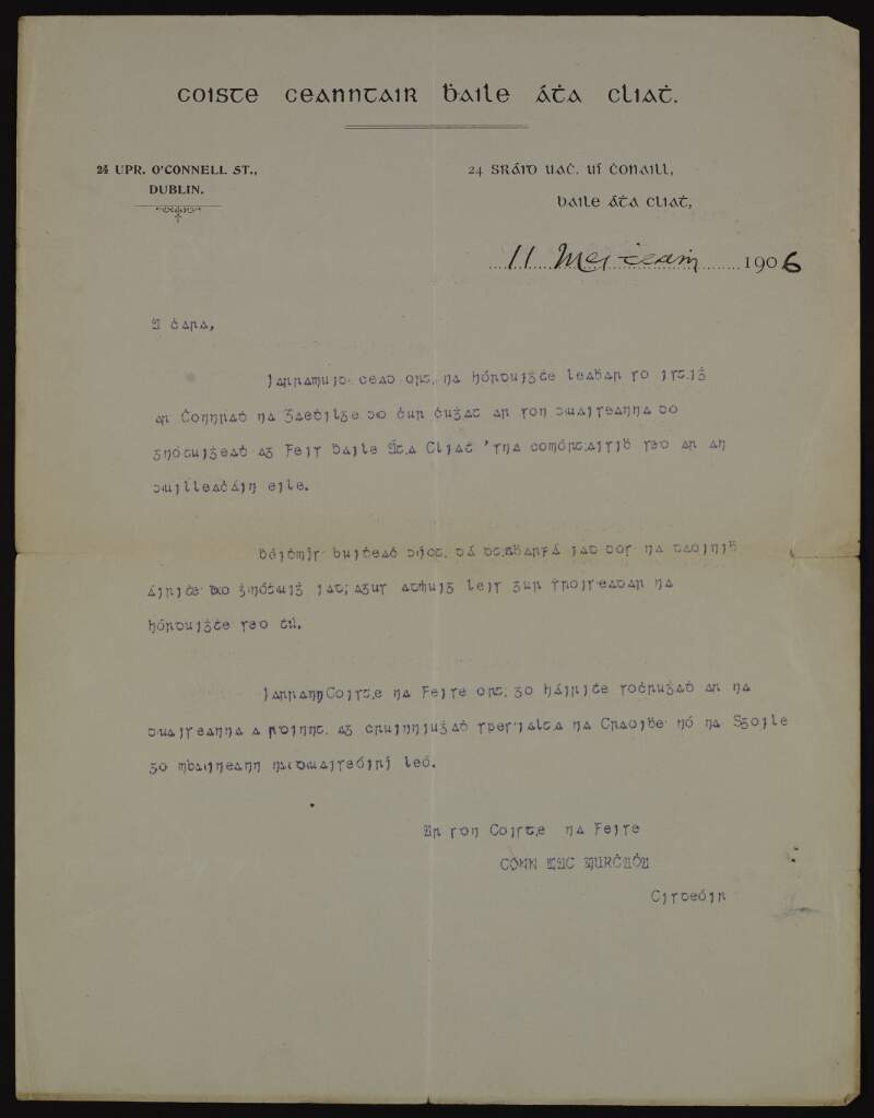 Letter to Éamonn Ceannt from Conn Mac Murchadha, of the Gaelic League, about a feis,