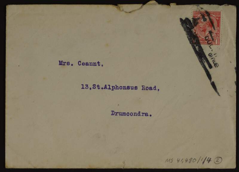 Letter from Percy Winder, Assistant Secretary at the Scottish Amicable Life Assurance Society to Mrs Ceannt [Áine Ceannt] regarding the death of her husband,