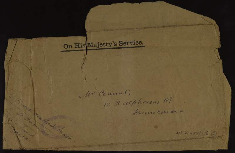 Letter from Major C. Harold Heathcote, Richmond Barracks, to Áine Ceannt regarding her late husband Éamonn Ceannt's belongings,