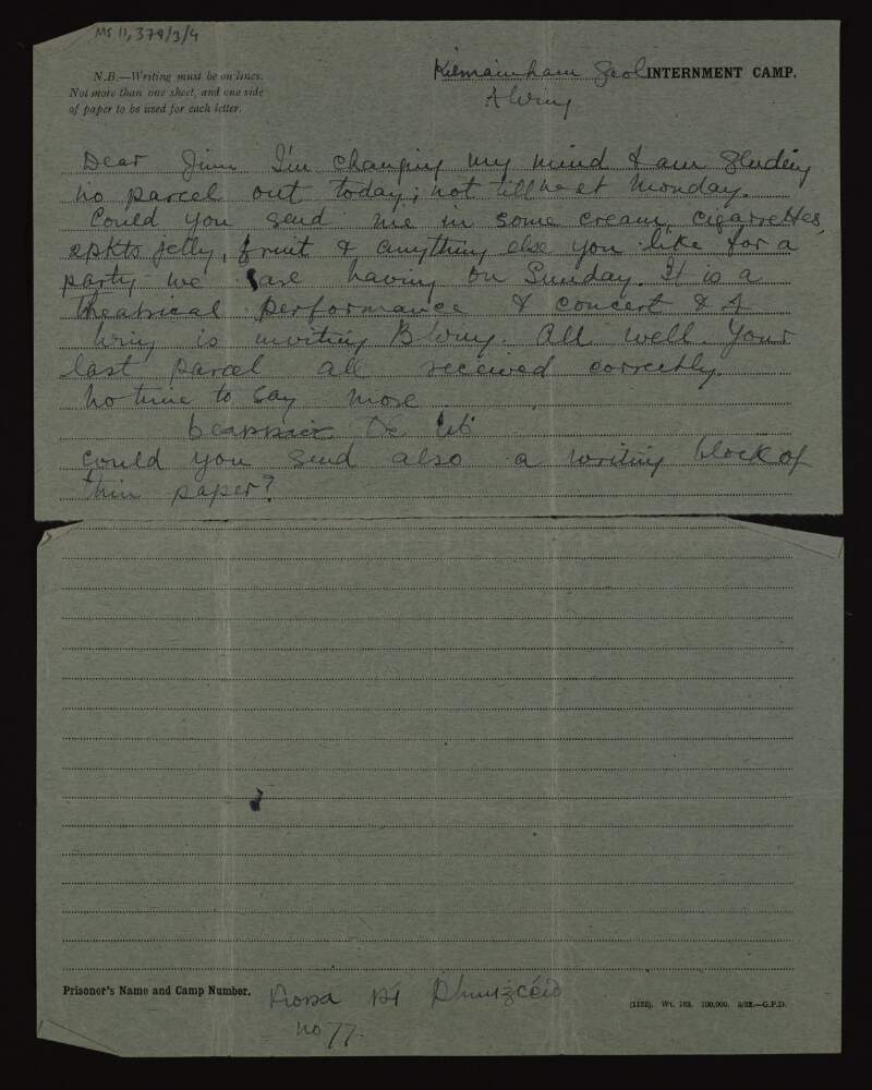 Letter from Fiona Plunkett to John "Jack" Plunkett from Kilmainham Gaol, regarding parcels and a theatrical performance to be held in the prison,