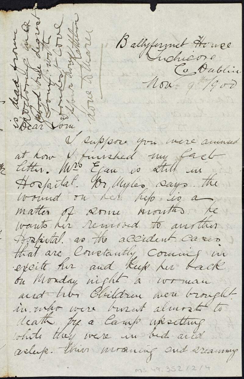 Letter from Kathleen Daly to Tom Clarke regarding the health of Mrs. Egan and her desire to get home to Limerick,