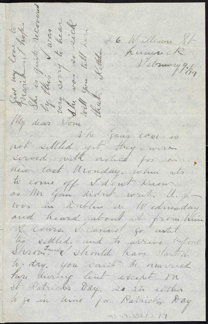 Letter from Kathleen Daly to Tom Clarke regarding her hopes to travel soon and querying whether it is possible to marry in New York during Lent,