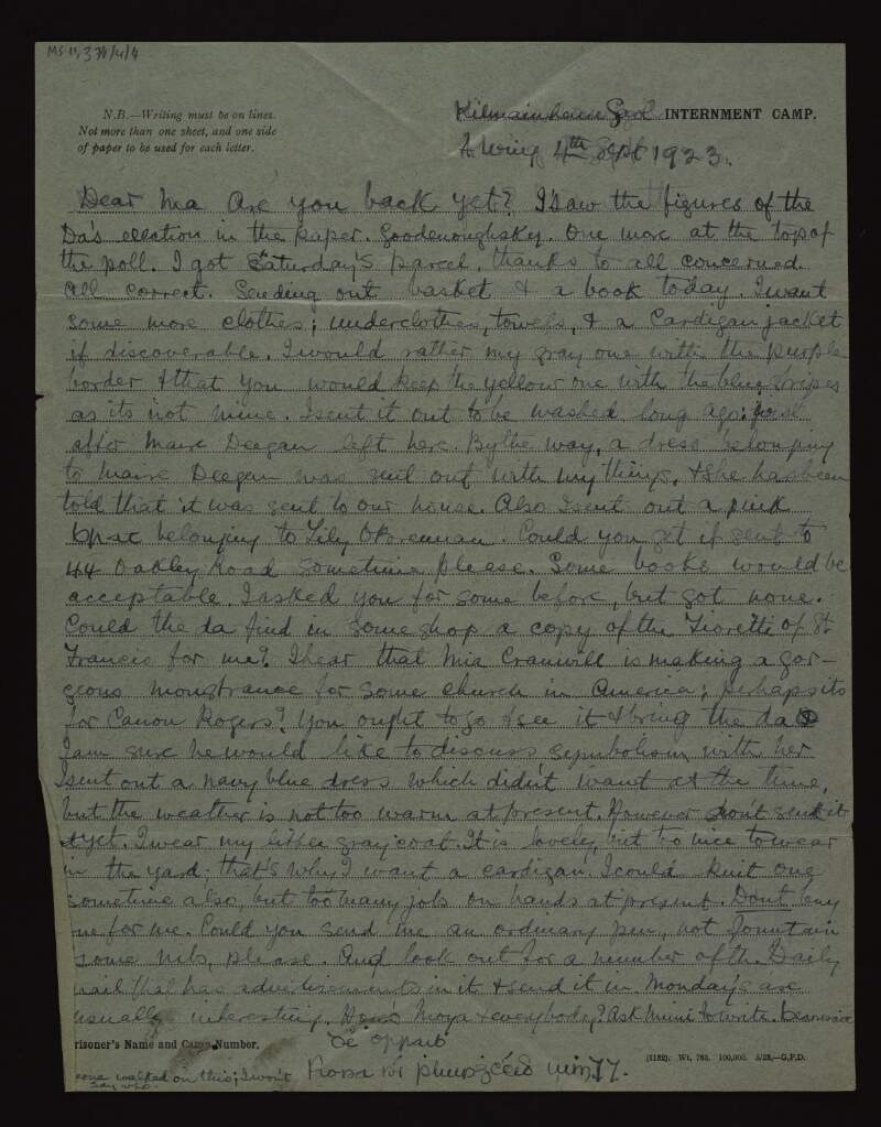 Letter from Fiona Plunkett to Mary Josephine Plunkett, Countess Plunkett, from Kilmainham Gaol, congratulating George Noble Plunkett, Count Plunkett, on his success in the election polls, and a discussion on what to send to the prison,