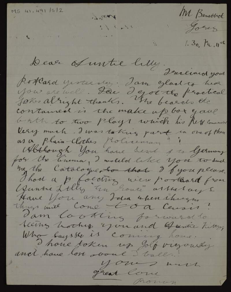 Letter from Ronán Ceannt to Lily O'Brennan concerning practical jokes and a cinema catalogue,