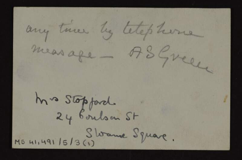 Card from Alice Stopford Green to Lily O'Brennan concerning arrangements to meet,