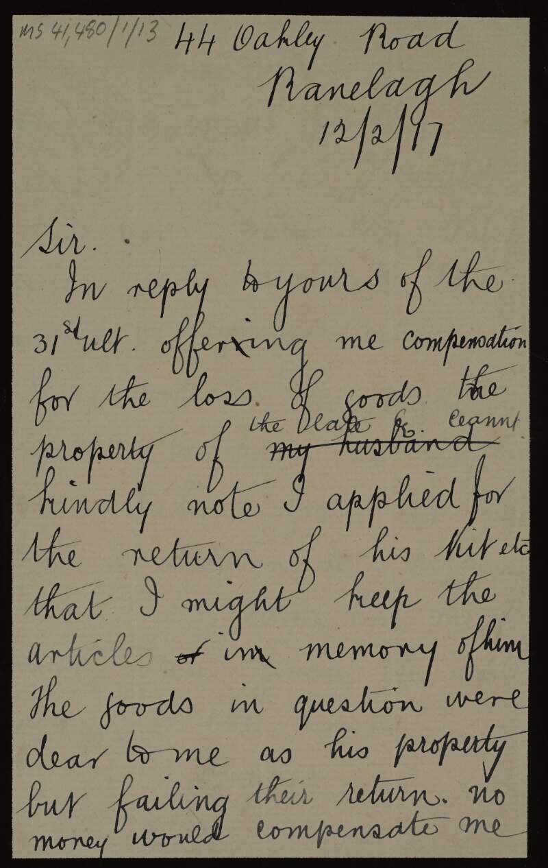 Letter from Áine Ceannt to Major C. Harold Heathcote refusing monetary compensation for the belongings of her late husband, Éamonn Ceannt,