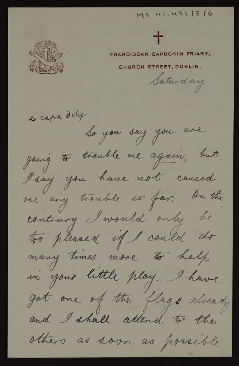 Letter from Brother Pacificus to Lily O'Brennan concerning her play,