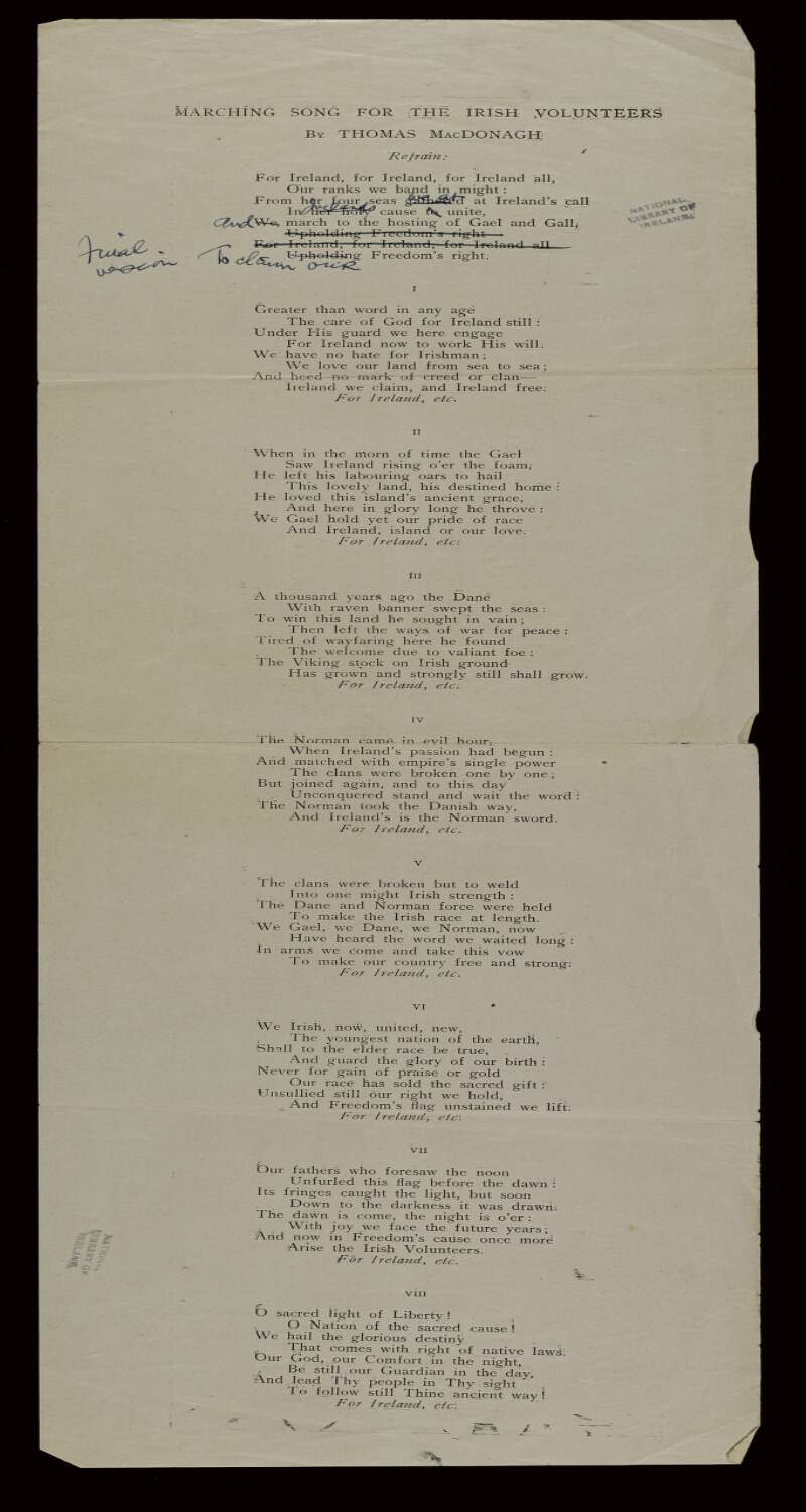 Printed copy of 'Marching Song of the Irish Volunteers' with written changes to the refrain,