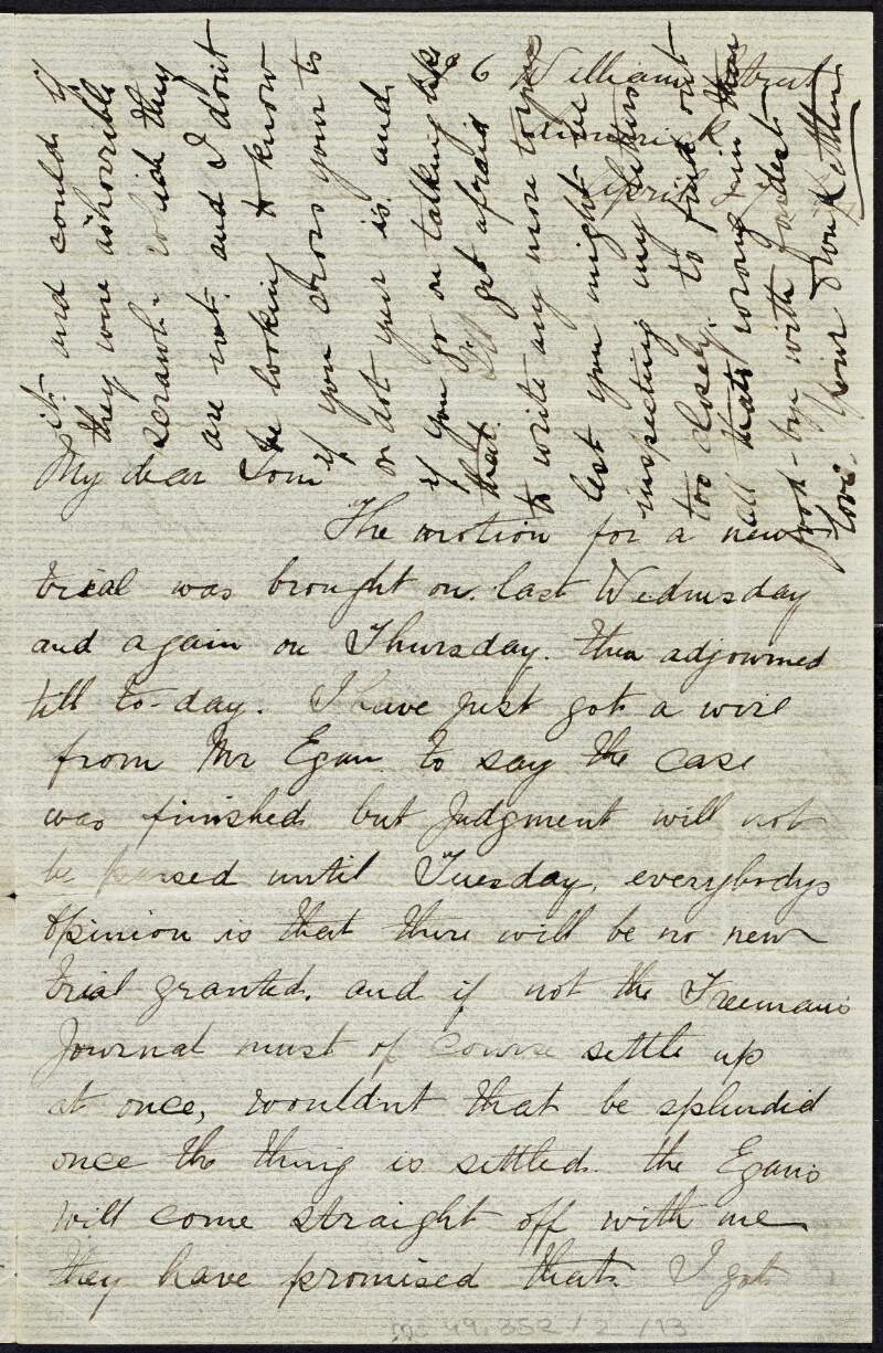 Letter from Kathleen Daly to Tom Clarke regarding the settlement of Egan's case and her sister Madge's resignation as president of the Daughters of Erin,
