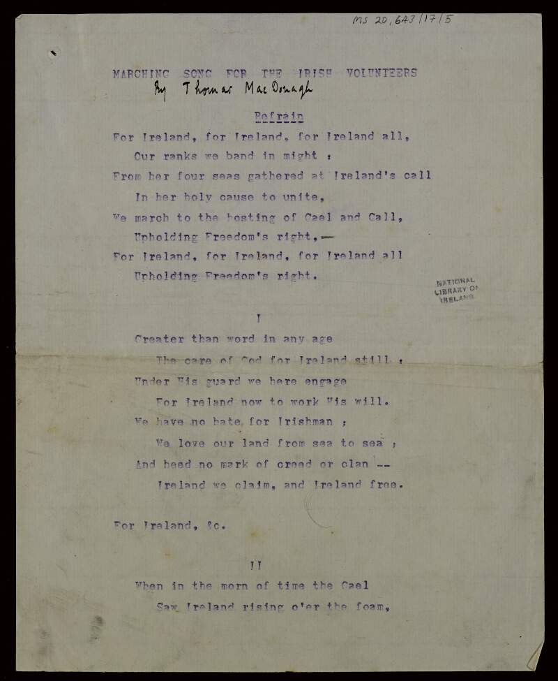 Typescript copy of Thomas MacDonagh's poem 'Marching Song for the Irish Volunteers',