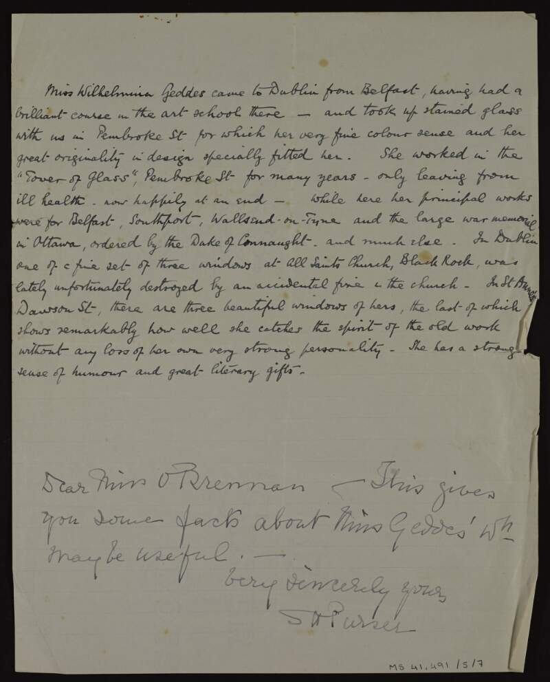 Letter from Sarah Purser to Lily O'Brennan concerning Wilhelmina Margaret,