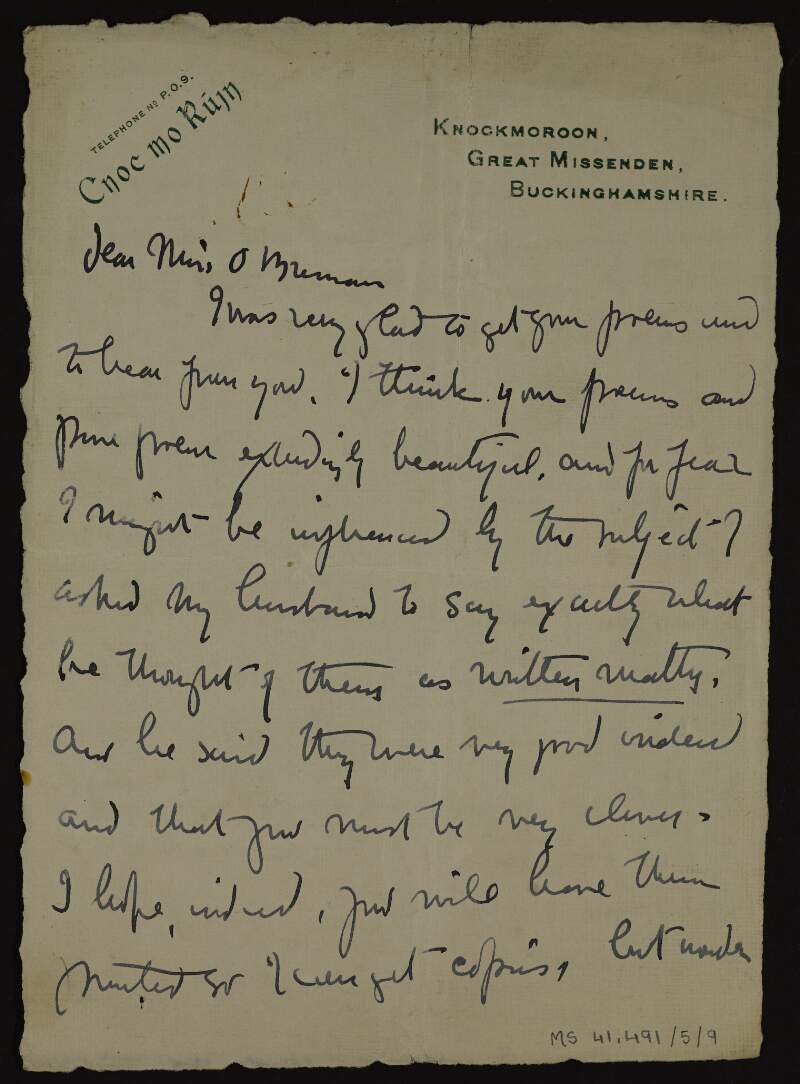 Letter from Dora Shorter to Lily O'Brennnan concerning poetry and memories of the Easter Rising,