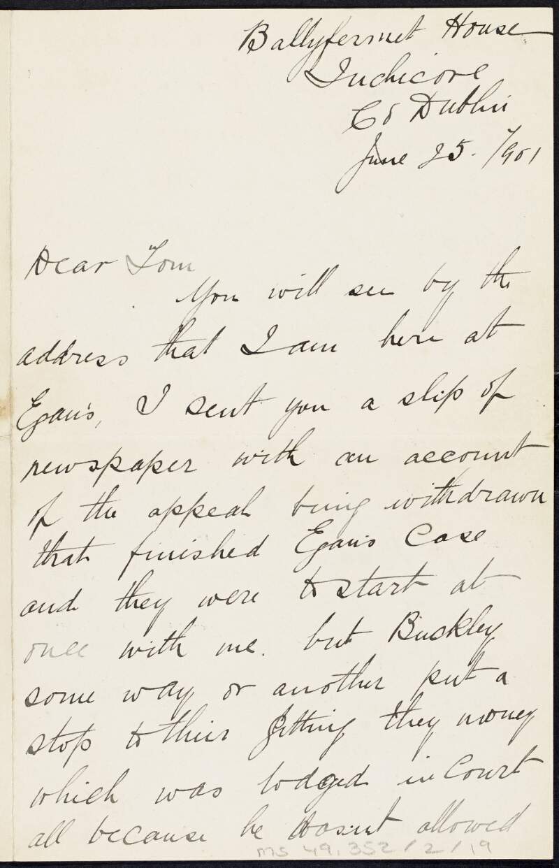 Letter from Kathleen Daly to Tom Clarke regarding the conclusion of the Egan case and arranging her travel to America with the Egans,