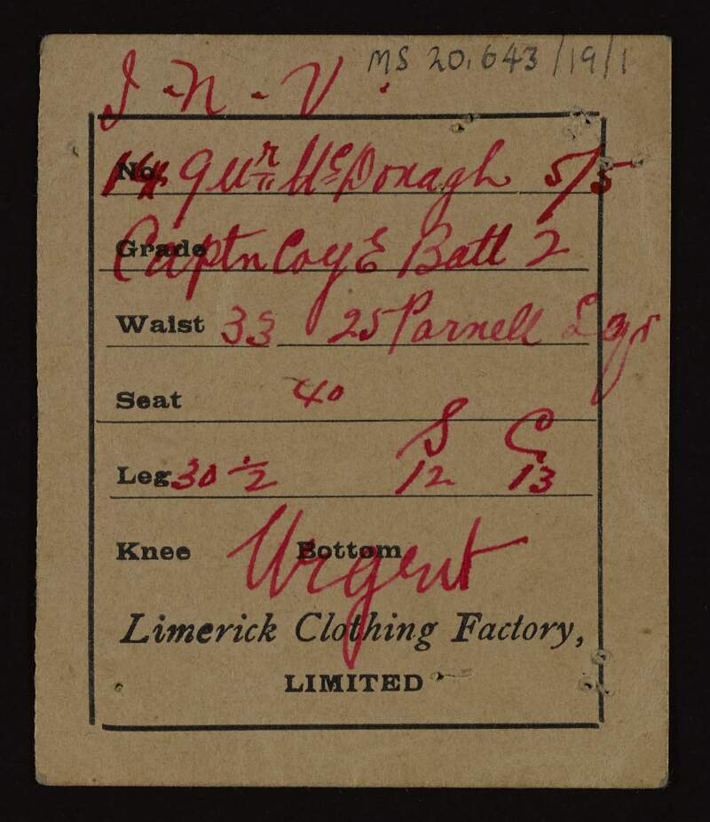 Card with clothing measurements for Thomas MacDonagh relating to an irish Volunteers uniform,
