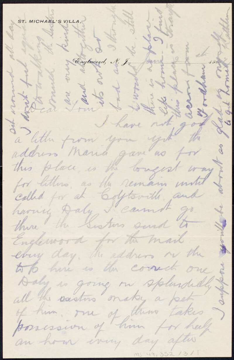 Letter from Kathleen Clarke to Tom Clarke describing her stay at a convent,