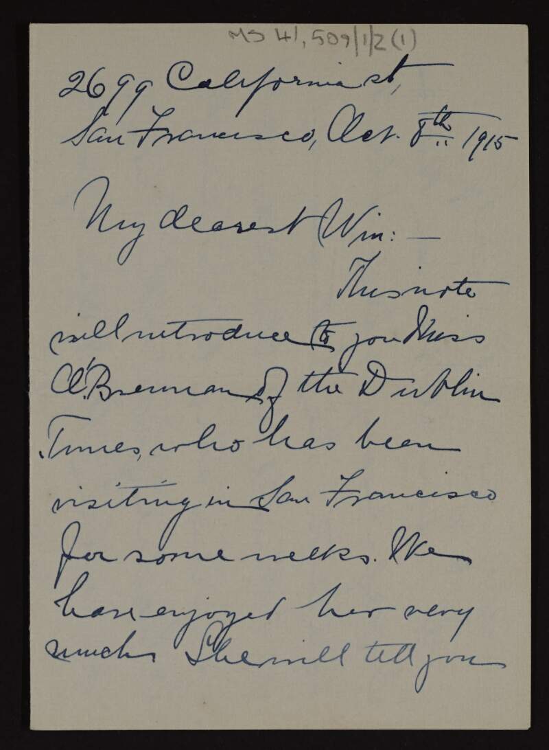 Letter of introduction for Kathleen O'Brennan from M[aire] Sweeney to John H. Willis,