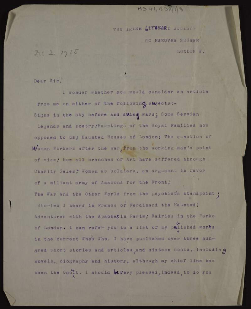 Partial draft of a letter [from Kathleen O'Brennan] to an unnamed recipient offering articles for publication,